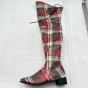Women's Over The Knee High Boots Low Flat Heel Thigh High Boots for Women Plaid